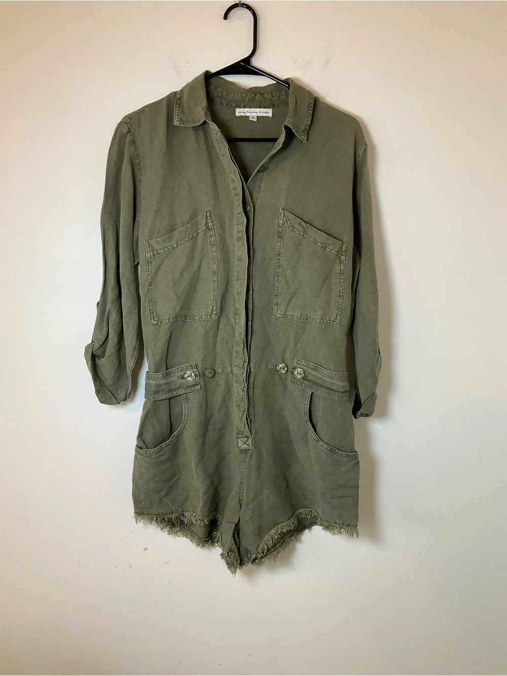Young Fabulous & Broke Olive Linen Blend Utility Romper Small
